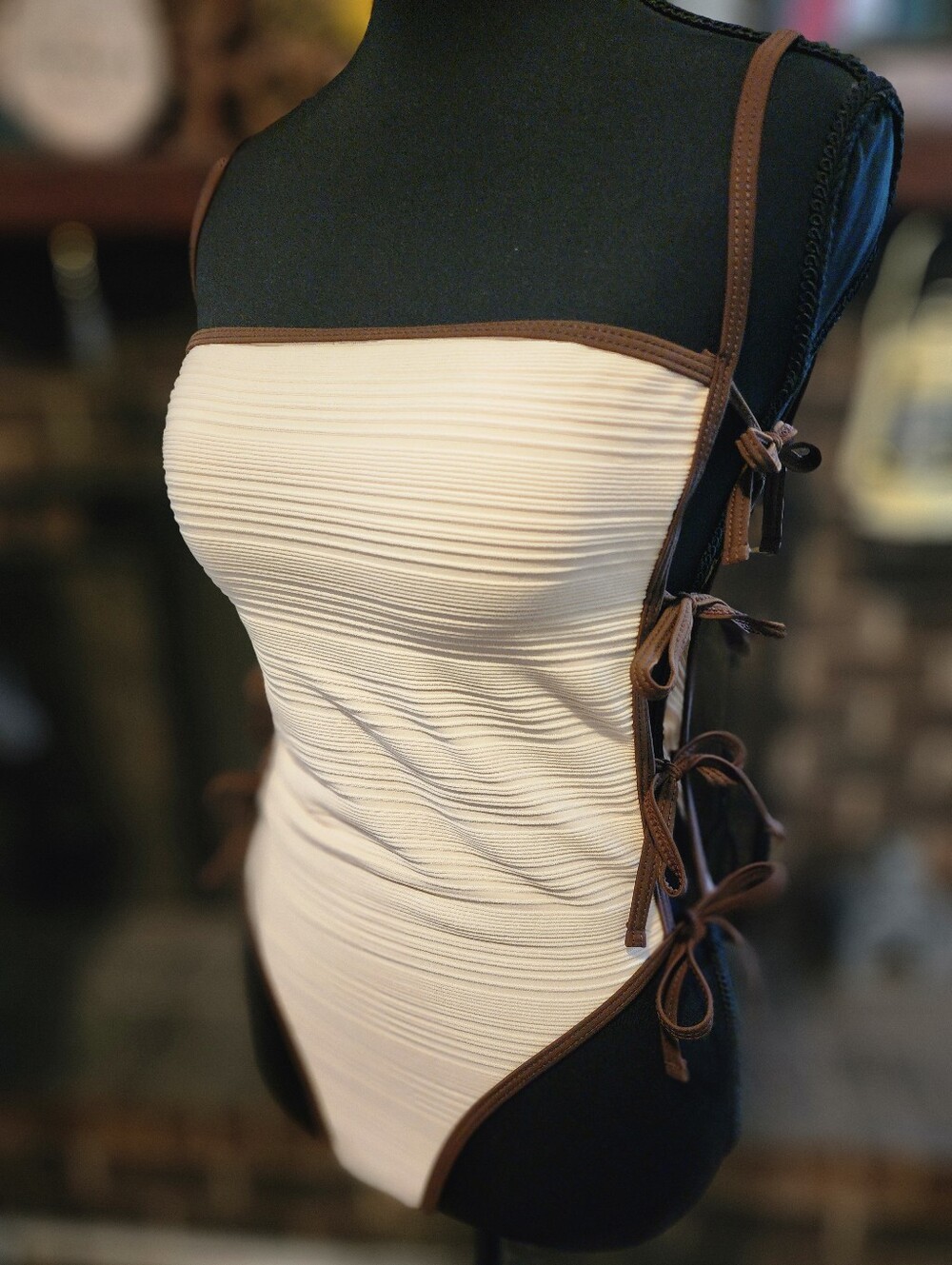 Classic Cream One-Piece Swimsuit with Brown Trim